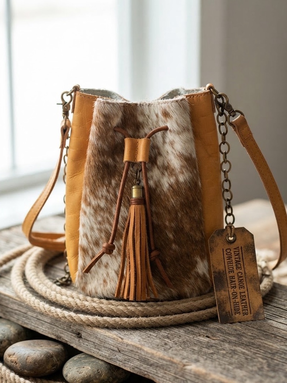Vintage Canoe Hair on Hide Leather Mini Bucket Bag Cowhide Boho Western